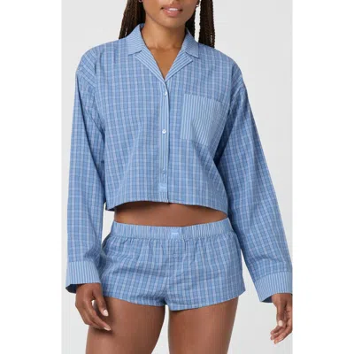 Florence By Mills Micro Plaid Crop Stretch Cotton Button-up Shirt In Blue