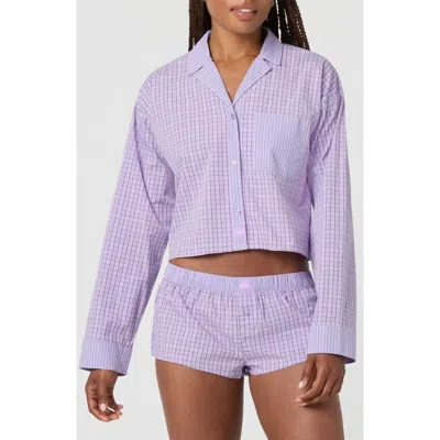 Florence By Mills Micro Plaid Crop Stretch Cotton Button-up Shirt In Purple