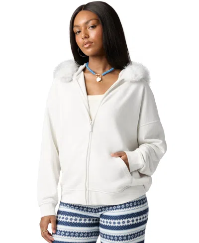 Florence By Mills Women's Cozy Crush Faux-fur-trim Full-zip Hoodie In White