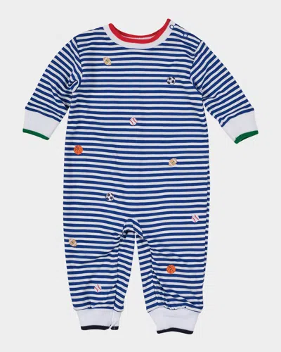 Florence Eiseman Kids' Boy's Embroidered Sport Balls Stripe Knit Longall In Blue