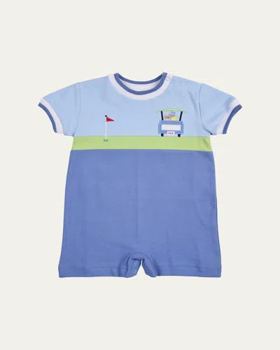 Florence Eiseman Kids' Boy's Golf Cart Applique Pique Knit Shortalls In Blue