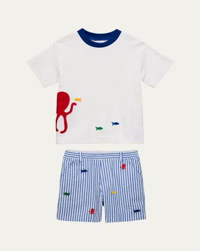 Florence Eiseman Kids' Boy's Octopus T-shirt & Seersucker Shorts Set In Multi
