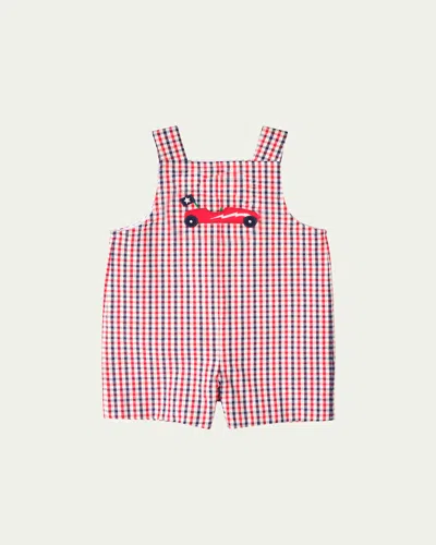 Florence Eiseman Kids' Boy's Plaid Seersucker Shortall With Racing Car In Pink
