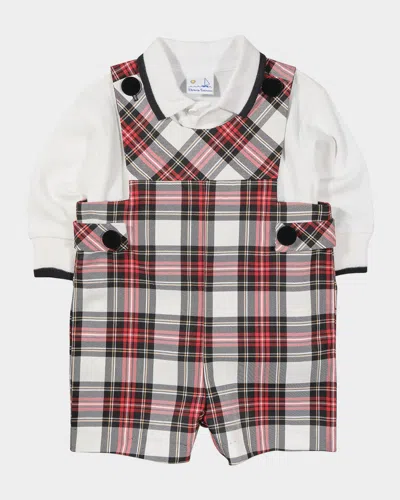 Florence Eiseman Kids' Boy's Plaid Shortall & Long-sleeve Tipped Polo Shirt Set In Red