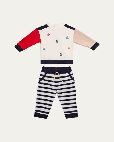 Florence Eiseman Kids' Boy's Sailboat French Terry Knit Top And Pants Set In White