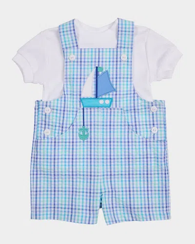 Florence Eiseman Kids' Boy's Sailboat Plaid Shortalls & T-shirt Set In Blue