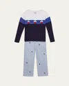 Florence Eiseman Boy's Sailboat Sweater & Striped Anchor Pants 2-piece Set In Blue