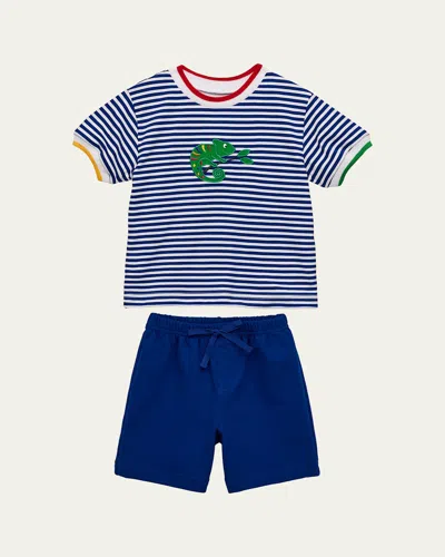 Florence Eiseman Kids' Boy's Stripe Knit Lizard T-shirt & Shorts Set In Blue