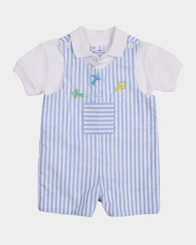 Florence Eiseman Kids' Boy's Striped Cotton Airplane Shortall And Polo Shirt Set In Lt Bluewhite