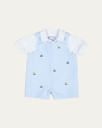 Florence Eiseman Kids' Boy's Striped Embroidered Trains Shortall W/ Polo Shirt In Blue