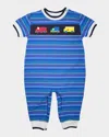 Florence Eiseman Boy's Vehicle Applique Stripe Knit Longall In Blue