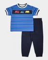 Florence Eiseman Boy's Vehicles Stripe Knit Shirt & Jog Pants Set In Blue