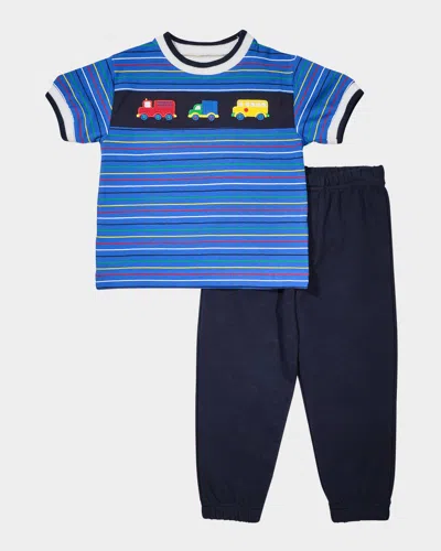 Florence Eiseman Kids' Boy's Vehicles Stripe Knit Shirt & Jog Pants Set In Blue