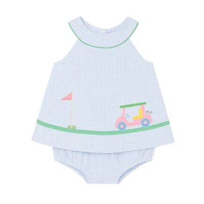 Florence Eiseman Babies'  Check Seersucker Skirted Romper With Golf Cart In Blue