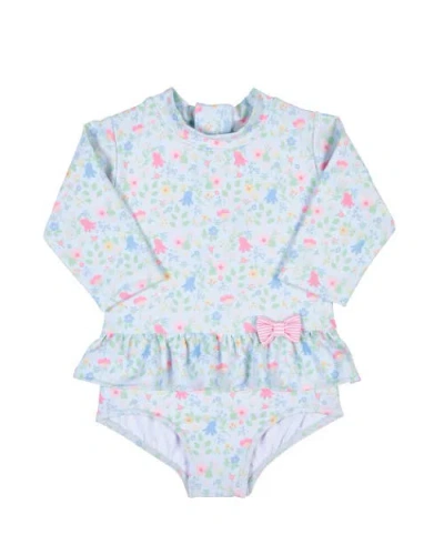Florence Eiseman Babies'  Floral Print One Piece Rashguard With Bow In Blue