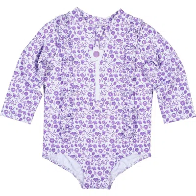 Florence Eiseman Babies'  Floral Print One Piece Rashguard With Ruffles In Blue