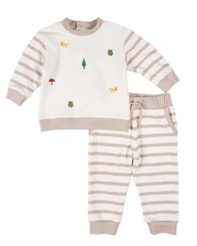 Florence Eiseman Babies'  French Terry Knit Set With Woodland Animals In Ivory & White Stripe