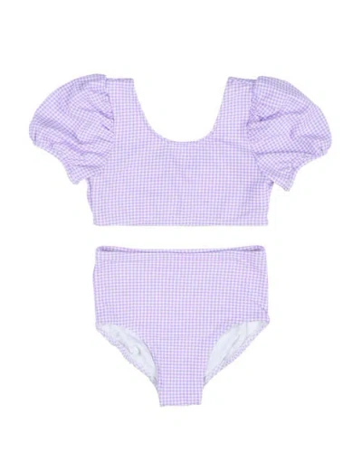 Florence Eiseman Kids'  Gingham Puff Sleeve Bikini In Lavender/white