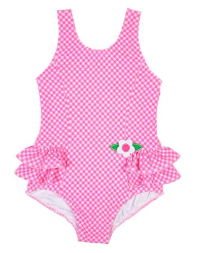 Florence Eiseman Kids'  Gingham Swimsuit  With Ruffles And Flower In Pink