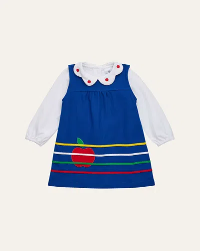 Florence Eiseman Kids' Girl's 2-piece Embroidered Apple Blouse & Jumper Dress Set In Blue