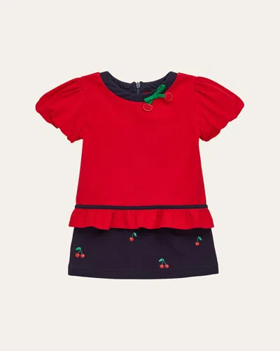 Florence Eiseman Kids' Girl's 2-piece Embroidered Cherry Bubble-sleeve Top & Skort Set In Red