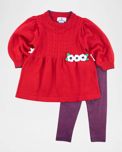 Florence Eiseman Kids' Girl's Cable Knit Sweater W/ Striped Leggings In Red/navy