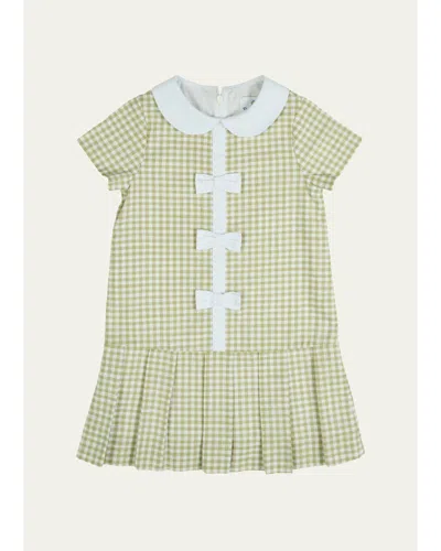 Florence Eiseman Kids' Girl's Check Dress With Pleated Skirt & Bows In White/grn