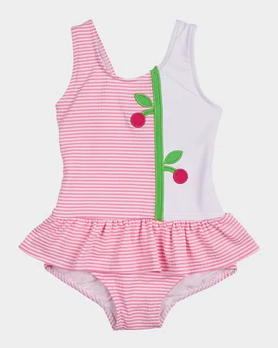 Florence Eiseman Kids' Girl's Cherry Skirted Seersucker One-piece Swimsuit In Pink
