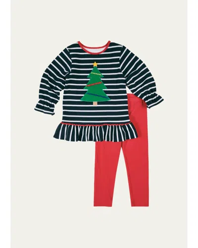 Florence Eiseman Kids' Girl's Christmas Tree Striped Tunic Top & Leggings Set In Multi