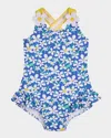 Florence Eiseman Girl's Daisy Floral Ruffled One-piece Swimsuit In Royalmulti