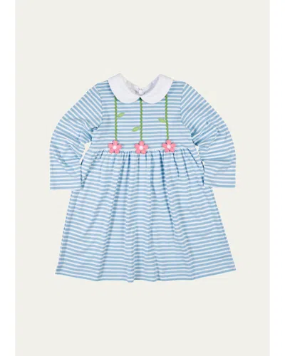 Florence Eiseman Kids' Girl's Floral Applique Stripe Knit Dress In Blue