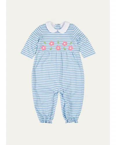 Florence Eiseman Kids' Girl's Floral Applique Stripe Knit Longall In Blue