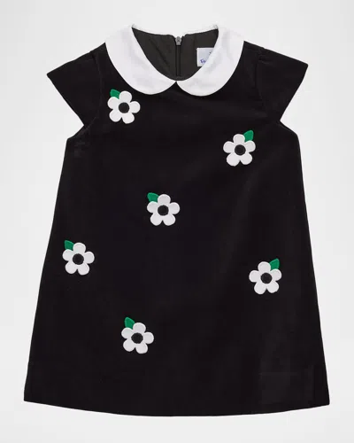 Florence Eiseman Kids' Girl's Floral Appliqué Velvet Shift Dress In Black