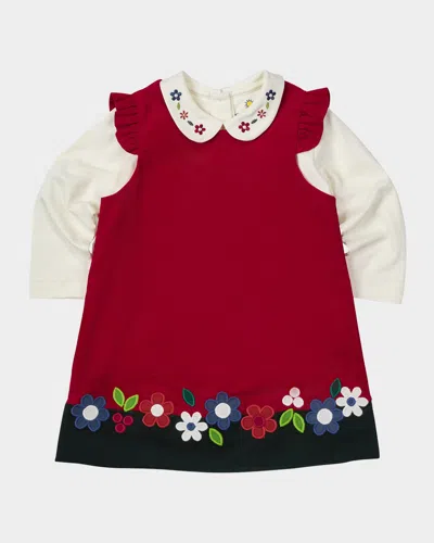 Florence Eiseman Kids' Girl's Floral Embroidered Dress & Knit Blouse Set In Brown