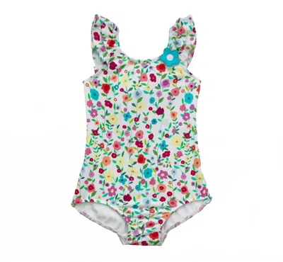 Florence Eiseman Kids' Girl's Floral Ruffle Swimsuit In White Multi