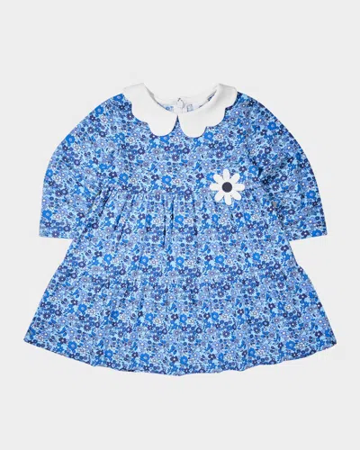 Florence Eiseman Kids' Girl's Flower Applique Floral-print Knit Dress In Blue
