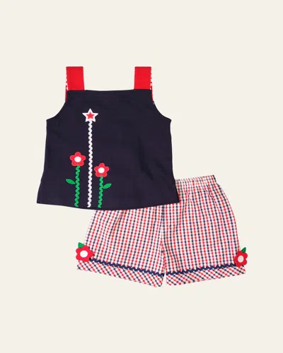 Florence Eiseman Kids' Girl's Flower Applique Knit Top And Gingham Shorts Set In Black