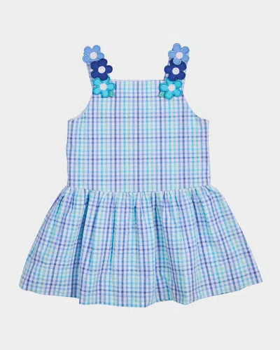 Florence Eiseman Kids' Girl's Flower Embroidery Plaid Seersucker Dress In Blue