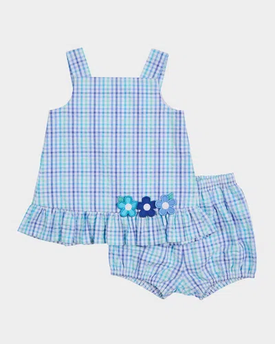 Florence Eiseman Kids' Girl's Flower Plaid Seersucker Dress And Bloomers Set In Blue