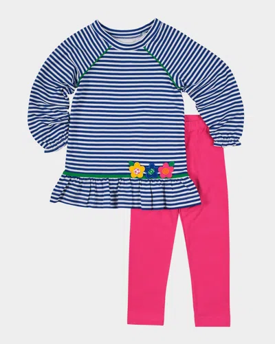 Florence Eiseman Kids' Girl's Flower Stripe Knit Dress & Leggings Set In Multi