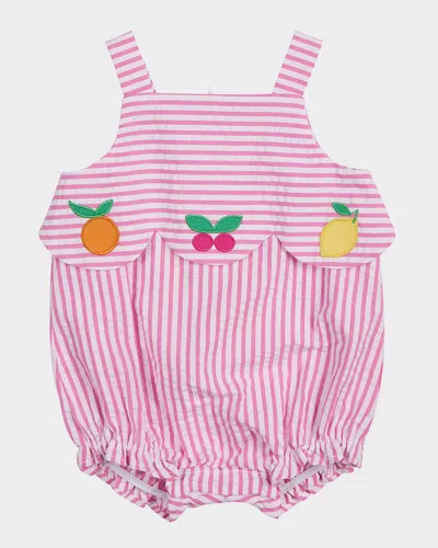 Florence Eiseman Kids' Girl's Fruit Applique Two-tone Seersucker Romper In Pinkwhite