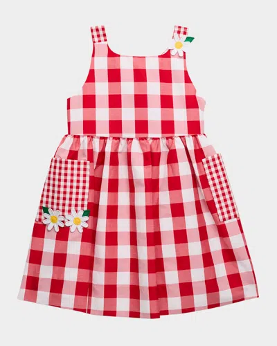Florence Eiseman Kids' Girl's Gingham-print Dress W/ Floral Appliqués In White/red