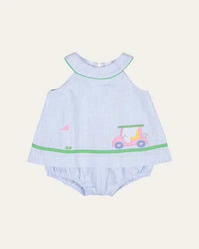 Florence Eiseman Kids' Girl's Golf Cart Seersucker Skirted Romper In Blue