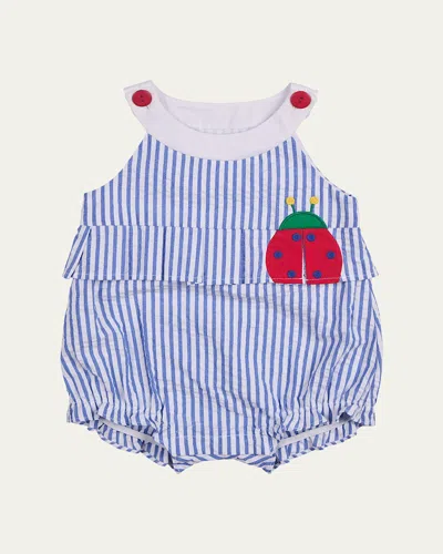 Florence Eiseman Kids' Girl's Ladybug Cotton Stripe Seersucker Romper In Royal