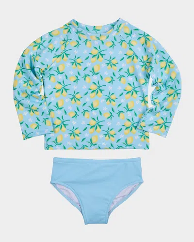 Florence Eiseman Kids' Girl's Lemon-print Rashguard Two-piece Swimsuit In Blue/yellow