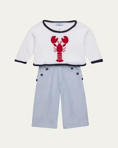 Florence Eiseman Kids' Girl's Lobster Sweater & Striped Pants 2-piece Set In Blue