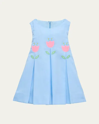 Florence Eiseman Kids' Girl's Pique Pleated Dress W/ Tulips In Blue