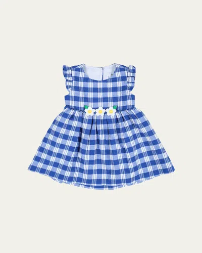 FLORENCE EISEMAN GIRL'S PLAID-PRINT SEERSUCKER DRESS W/ FLORAL APPLIQUES
