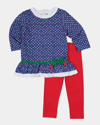 Florence Eiseman Kids' Girl's Polka Dot Cherry Knit Tunic Top & Leggings Set In Multi