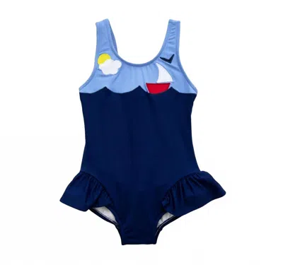 Florence Eiseman Kids' Girl's Sailboat Peplum One-piece Swimsuit In Blue